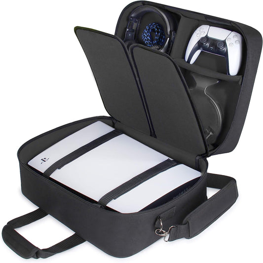 Black PS5 Case Console Case compatible with Playstation 5 and PS5 Digital Edition. Features a Customizable Interior for Playstation Controller, PS5 Games, Gaming Headset, and Gaming Accessories.