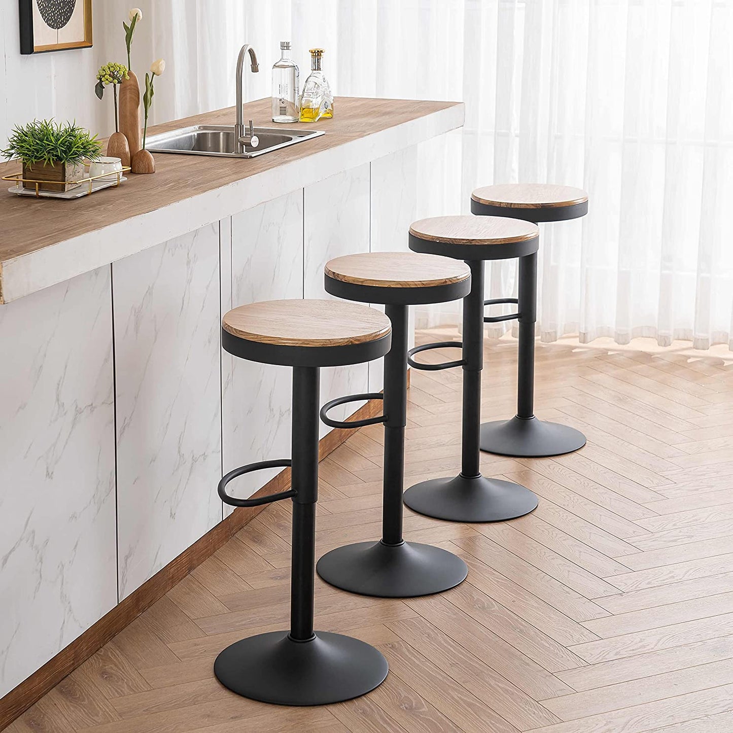 Set of 2 Rustic Wood Black Bar Stools - Adjustable Metal Swivel Bar Chairs with High Top Design, Perfect for Home Kitchen Island or Breakfast Counter Height Seating.