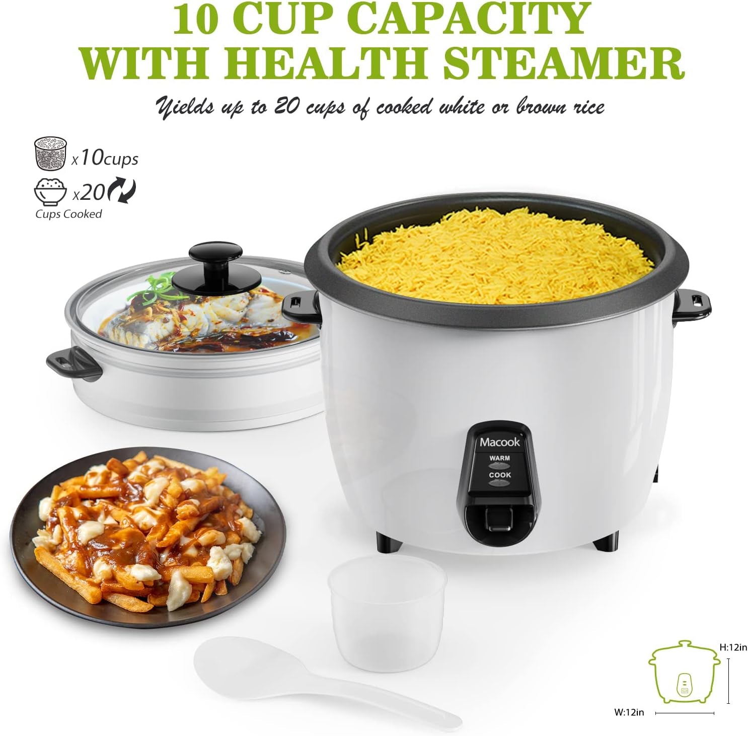 Large Rice Cooker and Food Steamer: 10 Cups Uncooked (20 Cups Cooked) Rice Maker with Removable Non-Stick Pot, Suitable for Cooking, Soups, Stewing, Steaming, and Featuring an Automatic Keep Warm Function - White Color