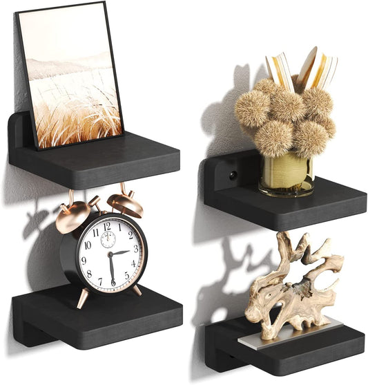 Set of 4 Small Floating Shelves - Wall Mounted - Each Shelf is 4 Inches - Made of Wood - Ideal for Decoration and Storage - Suitable for Bedroom, Bathroom, Kitchen, and Office - Color: Weathered Black.