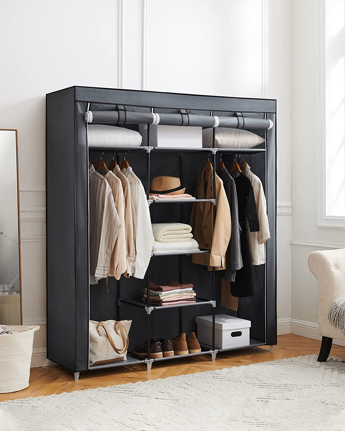 Portable Clothes Closet: Non-Woven Fabric Wardrobe Storage Organizer in Gray 