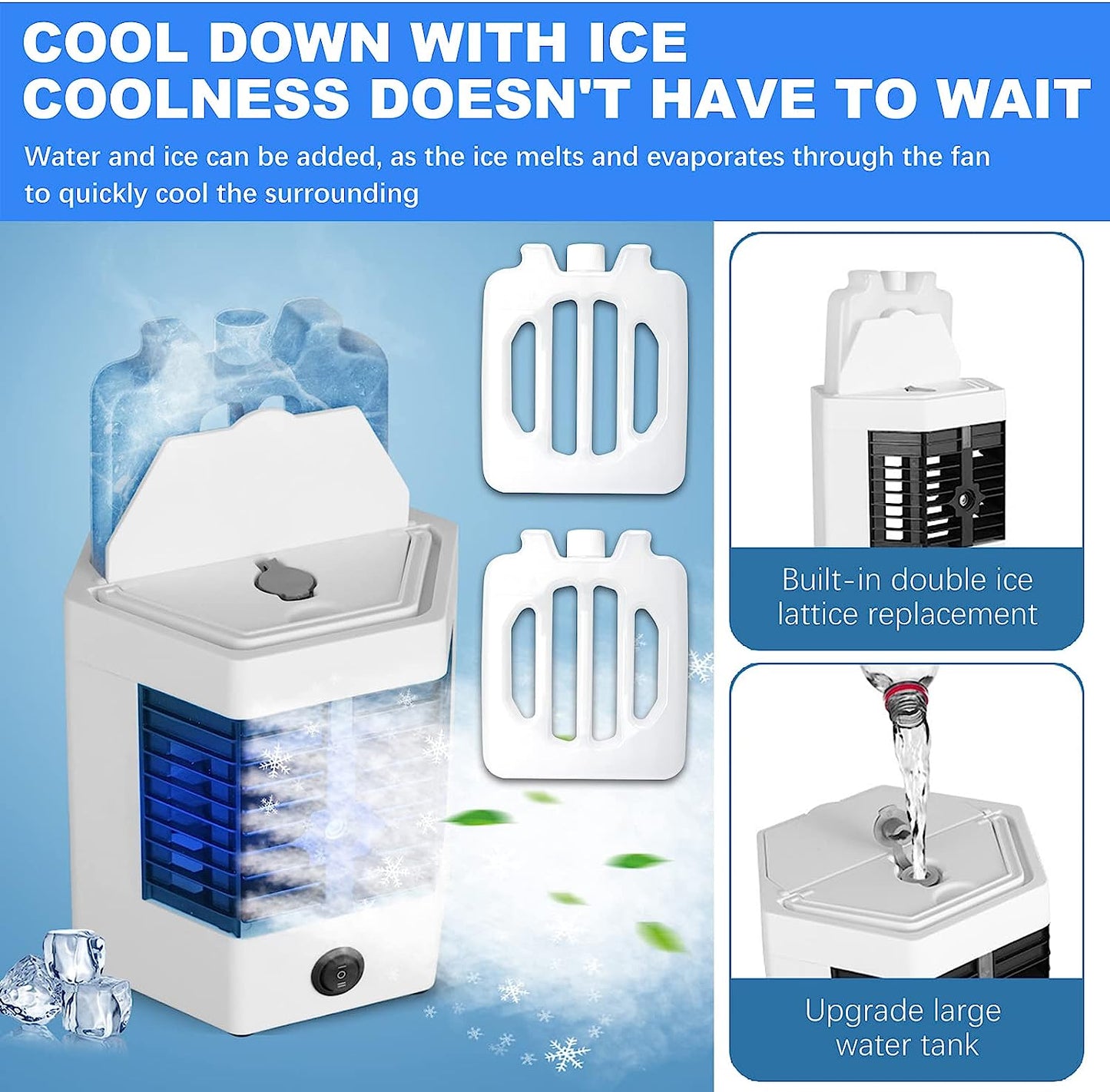 Mini Portable Air Conditioner Fan: Doubles as a Personal Space Cooler and Humidifier. Suitable for Office, Home, Bedroom, Garden, and Picnics. Features Two Modes and Powered via USB Interface.