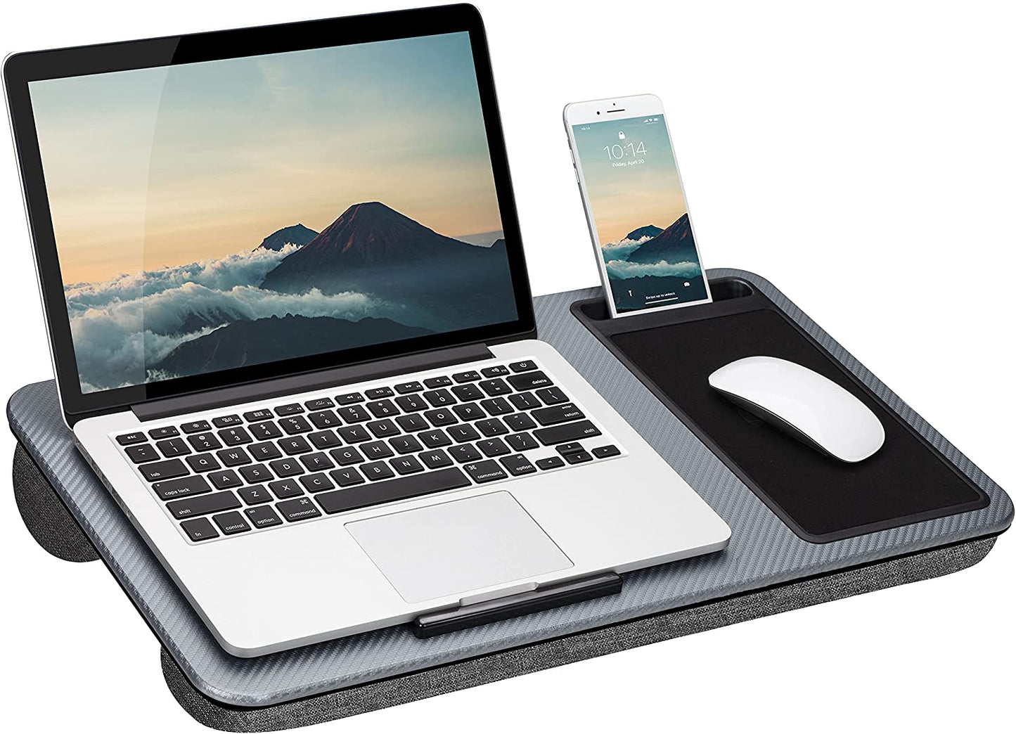 Silver Carbon Home Office Lap Desk with Device Ledge, Mouse Pad, and Phone Holder - Accommodates Laptops up to 15.6 Inches 