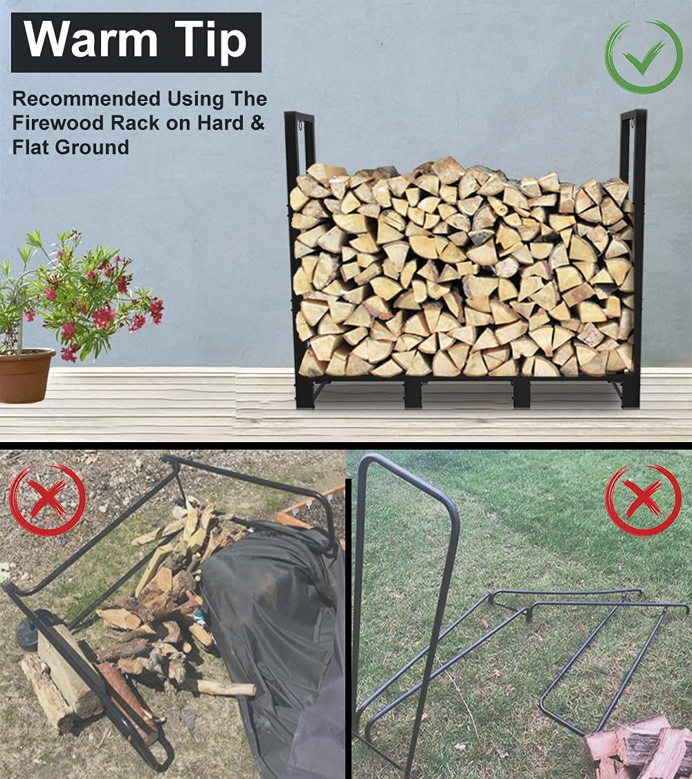 4-Foot Outdoor Firewood Rack Holder - Designed for Fireplace Wood Storage, this Adjustable Fire Log Stacker Stand Black