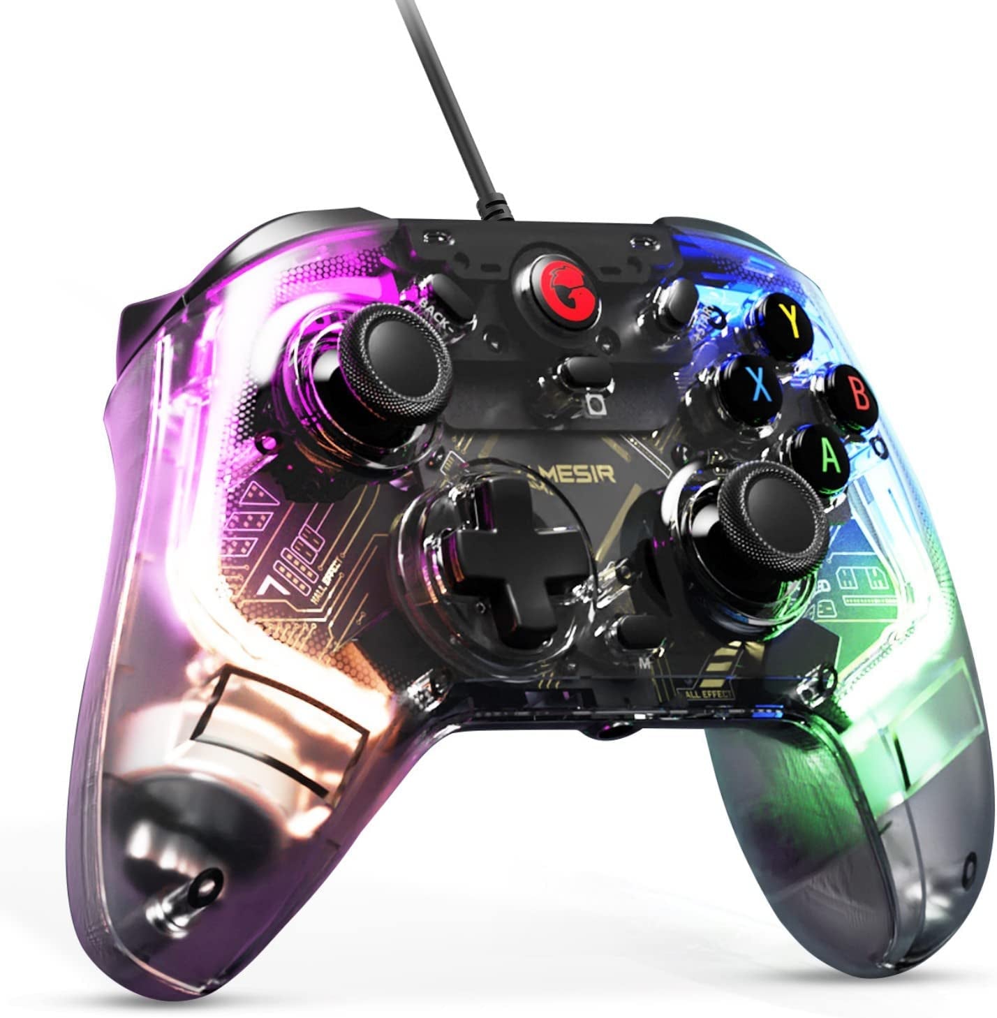 T4 Kaleid Transparent Wired Gaming Controller for Windows 10/11, Switch & Android TV Box, RGB Hue Color Lights, Gamepad PC Controller Joystick with Hall Effect Sticks /Hall Effect Triggers/Programmable/Built-in 6-axis Gyro/3.5mm Audio Jack