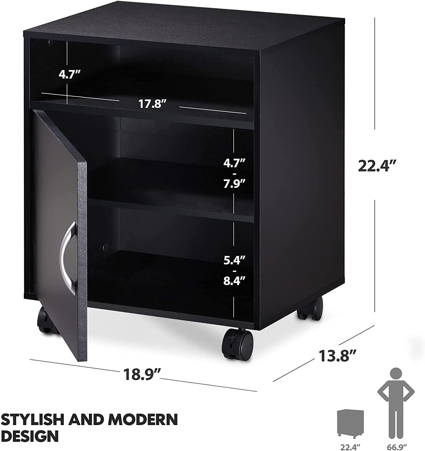 Black Wood Rolling File Cabinet: Printer Stand with Adjustable Storage, Mobile Work Cart on Wheels for Home Office