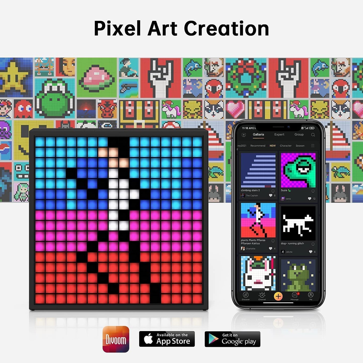 Timebox Evo Pixel Art Bluetooth Speaker Black with 16x16 LED Display. Features APP Control for Cool Animation Frame, Gaming Room Setup, and Bedside Alarm Clock