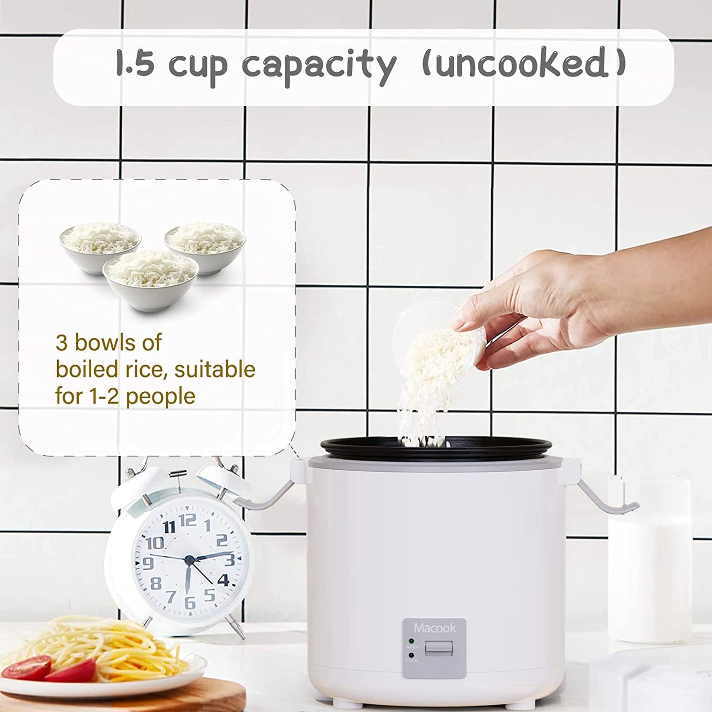 Small Rice Cooker: Cooks 1-1.5 Cups Uncooked (3 Cups Cooked) for 1-2 Persons. Includes Bento Box and Removable Nonstick Pot. Features One Touch and Keep Warm Function. Portable and Suitable for Soup, Grains, Oatmeal, and Veggies. Color: Gray.