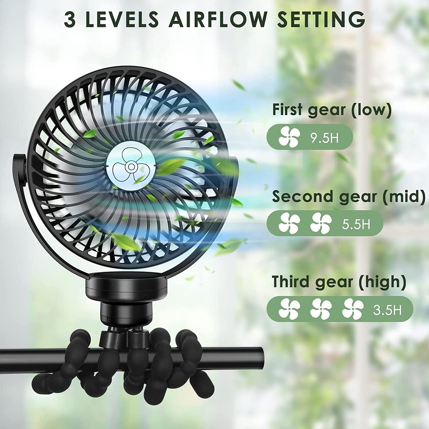 USB Rechargeable Stroller Fan with Flexible Tripod, LED Light, and Ultra Quiet Operation - Portable Personal Fan for Stroller, Car Seat, Bike, Camping, Office, and Outdoor Use