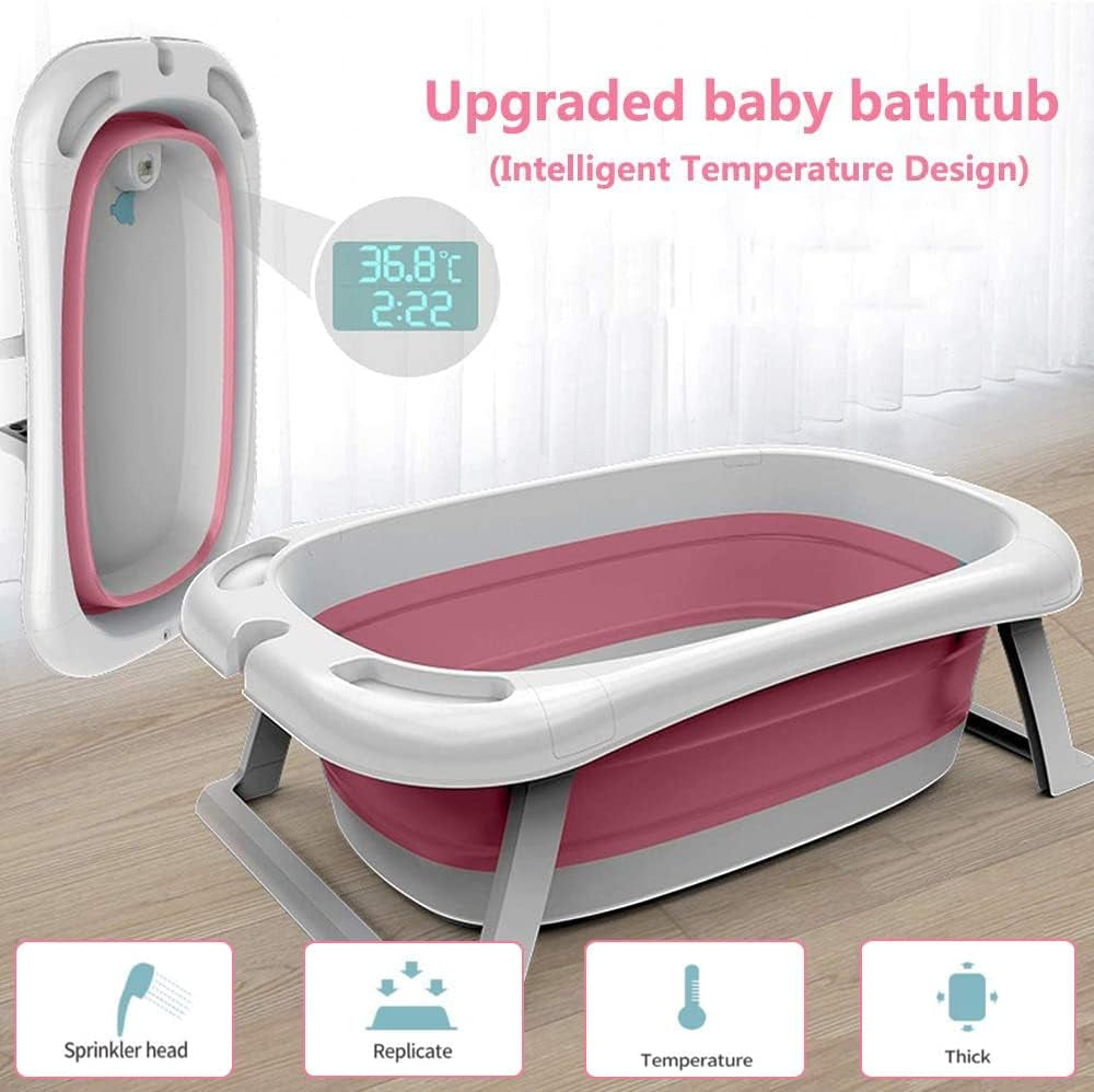 Collapsible Portable Baby Bathtub - Folding Toddler Bath tub Intelligent Temperature with Bath Cushion for Newborn Infant Toddler Baby - Pink