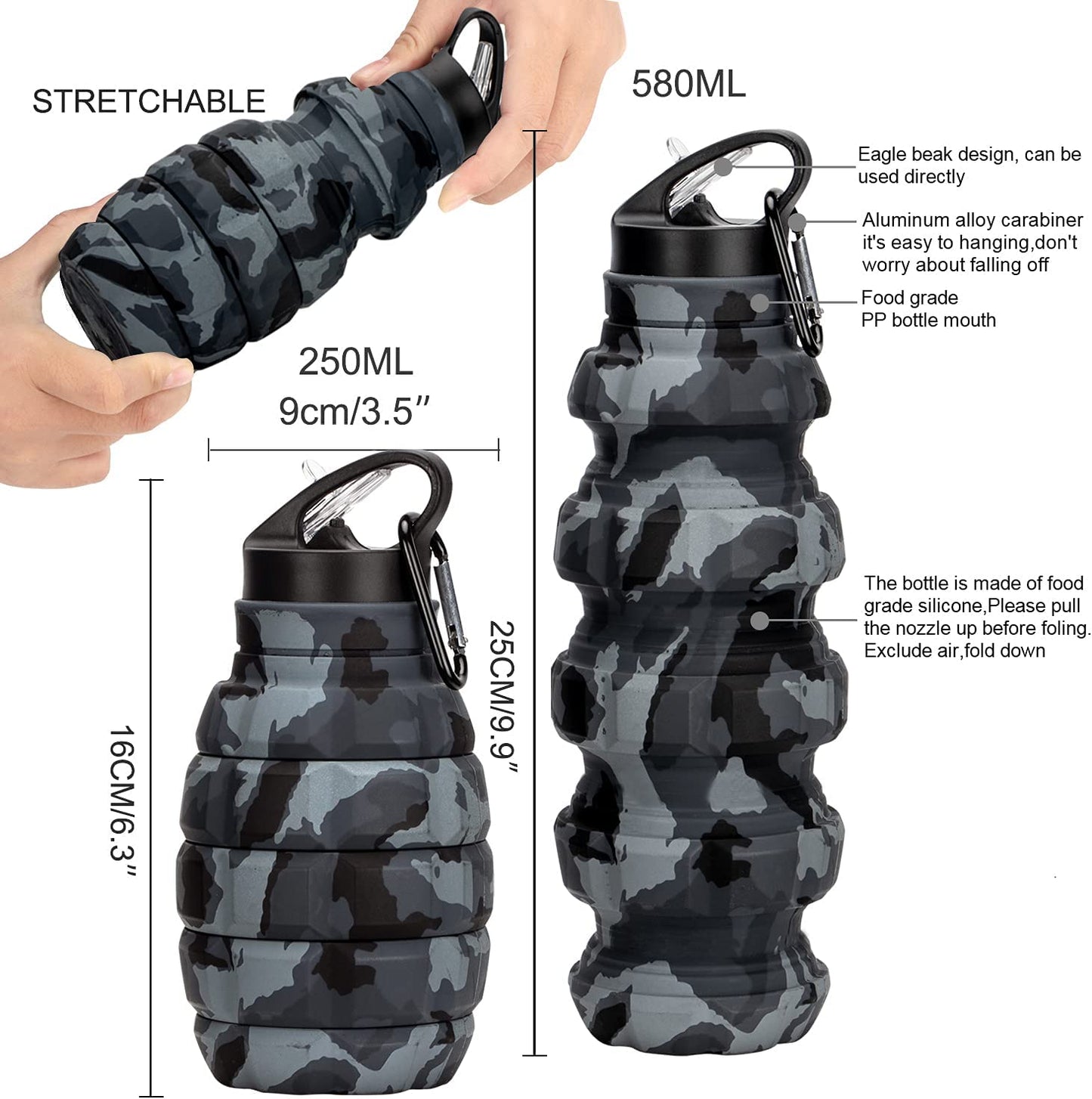 18oz Collapsible Travel Water Bottle - BPA-Free Silicone, Foldable and Reusable - Perfect for Gym, Camping, Hiking - Portable and Leak-Proof Sports Water Bottle with Carabiner - Dark Gray Camouflage Design.