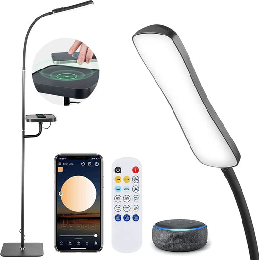 Floor Lamp with Wireless Charger, Flexible Gooseneck Standing Lamp with Timer & Memory Function, 4 Brightness Levels & 4 Colors Dimmable (2700K-6500K) for Home Office Living Bed Room Reading