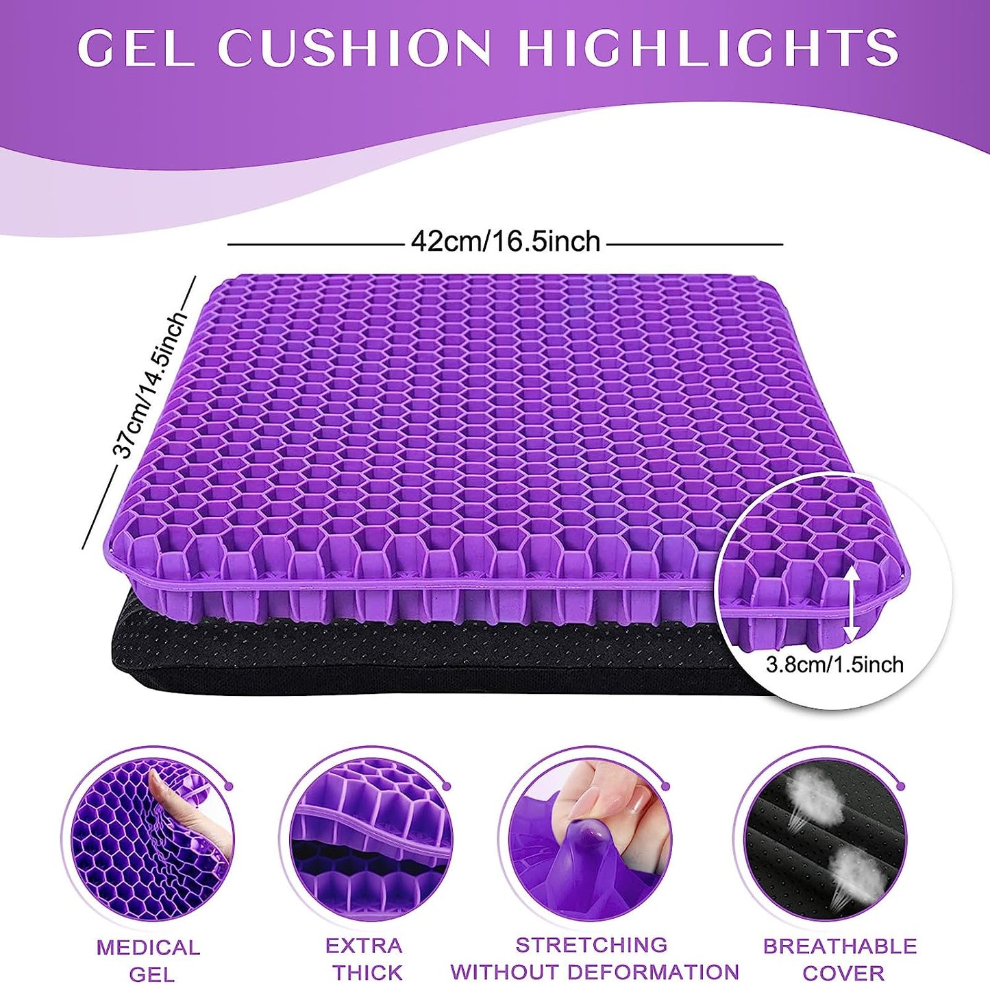 Durable Gel Seat Cushion for Office Chair and Car Seat - Provides Lower Back, Tailbone, Spine, and Hip Support - Enhances Circulation and Promotes Proper Sitting Posture