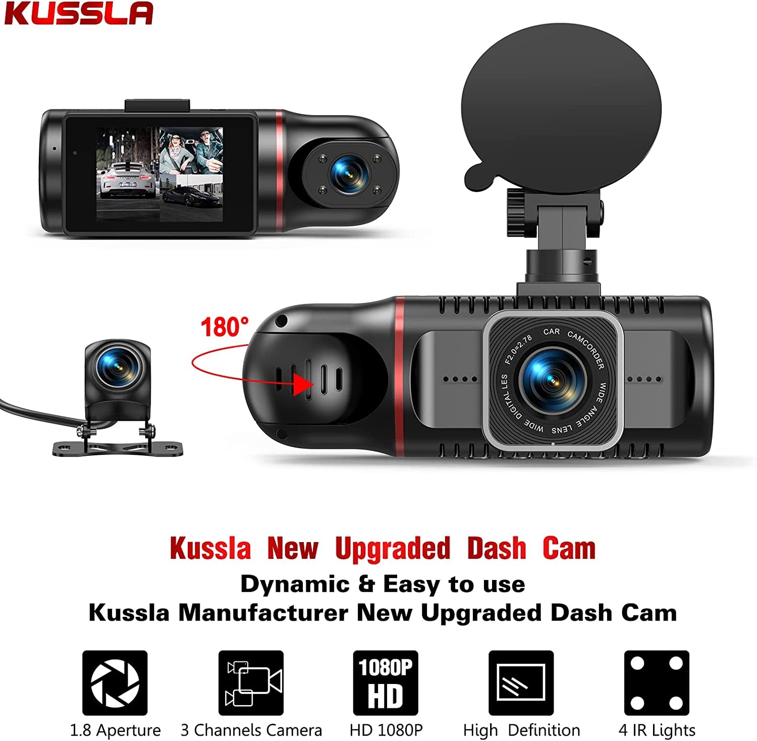 Rotatable Dashcams for Cars with 3 Channel Front and Rear Inside FHD 1080P Dash Cam, SD Card Included, Super Night Vision, Loop Recording, G-Sensor, WDR, and Motion Detection
