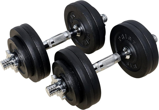 Adjustable Weight Dumbbells Set - Complete with 2 Bars, Cast Iron Plates, and Threaded Collars.