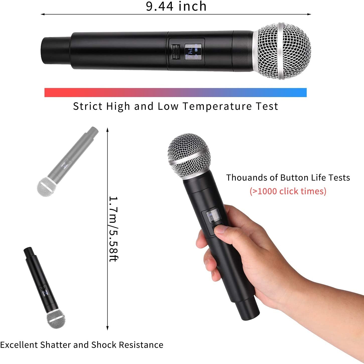 Wireless Microphone System with Dynamic Handheld Microphones - Offers an Operating Range of 150-260 Feet and up to 16 Hours of Continuous Use. Ideal for Karaoke, Parties, DJing, Church Services, Weddings, and Indoor/Outdoor Activities.