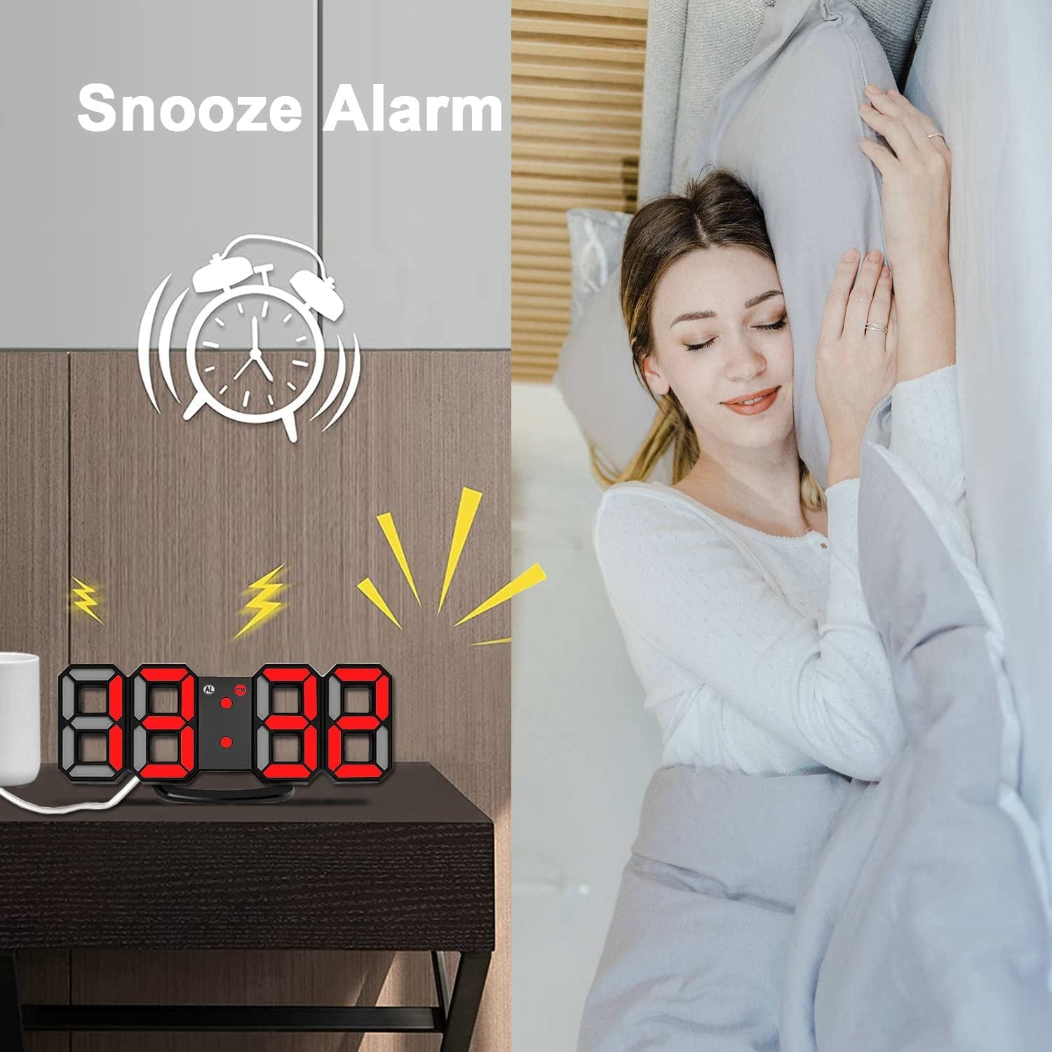 3D LED Night Light Digital Alarm Clock - 8.4" Clock for Bedrooms with Dimmer, 12/24H, Snooze - Ideal for Office, Bedroom, Nightstand, and Desk - Black/Red