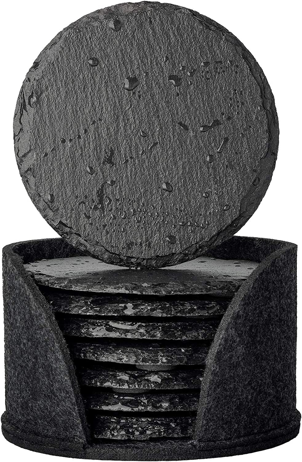 Set of 8 Eco-Friendly Round Slate Drink Coasters with Holder - Perfect for Drinks at Bars and Home. These Slate Stone Coasters are 4 inches in diameter and come in Black.
