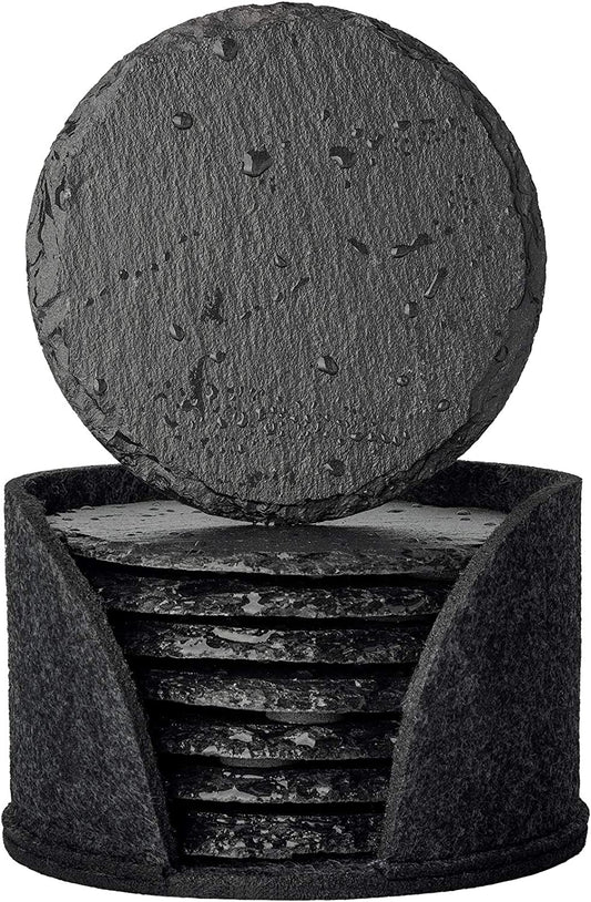 Set of 8 Eco-Friendly Round Slate Drink Coasters with Holder - Perfect for Drinks at Bars and Home. These Slate Stone Coasters are 4 inches in diameter and come in Black.