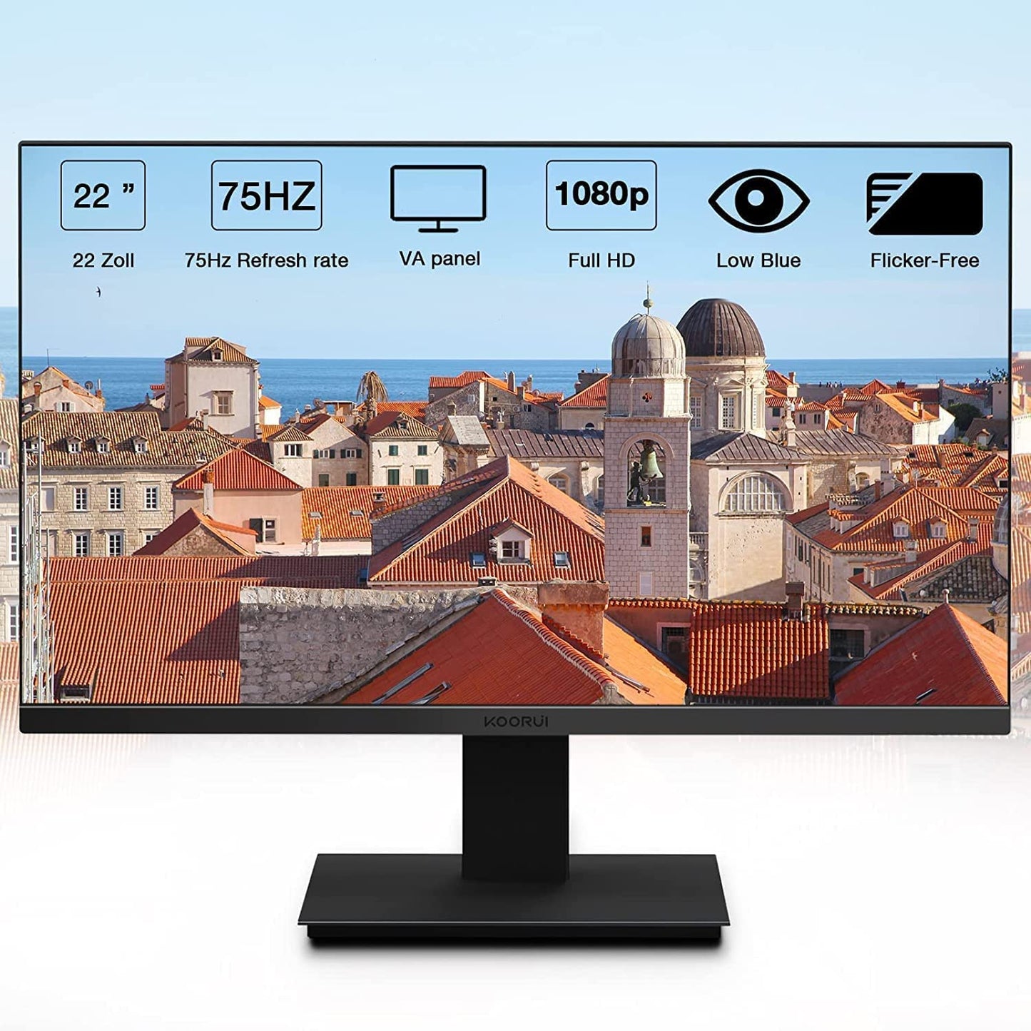 22-Inch FHD 1080P VA Computer Monitor with Ultra-Thin Bezel, 75HZ Refresh Rate, Eye Care Technology, Ergonomic Tilt, HDMI and VGA Ports, LED Display for PC, VESA Mount Compatible