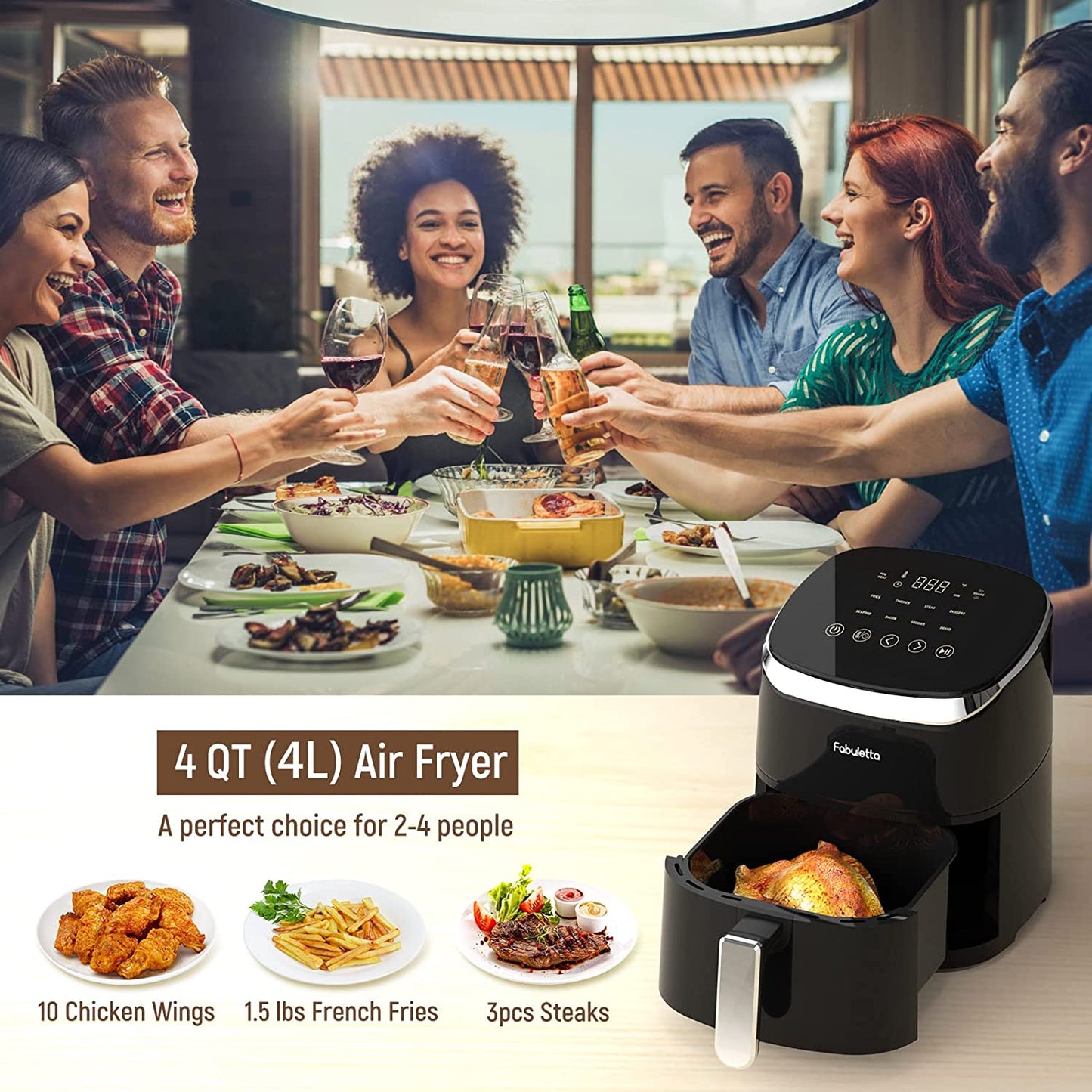 Compact 4QT Air Fryer with 9 Customizable Smart Cooking Programs - Features Shake Reminder, 450°F Digital Temperature Control, Tempered Glass Display, Dishwasher-Safe & Nonstick Components; Suitable for 2-4 People. Available in Black 