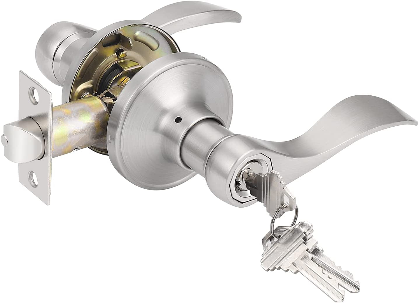 Wave Style Lever Handles for Entrance Door Knobs - Entry Door Locks in a Brushed Nickel Finish.
