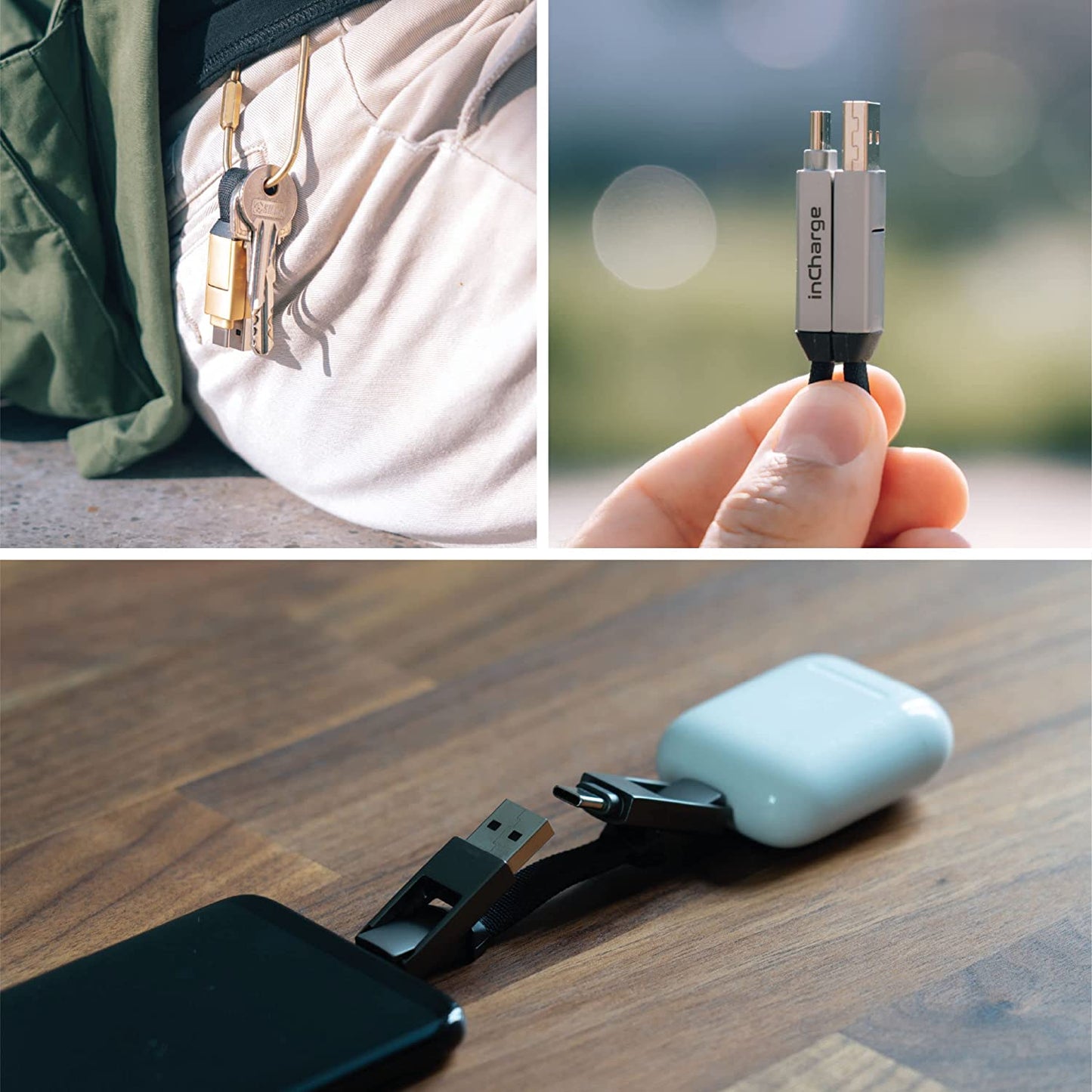 Incharge 6 - The Swiss Army Knife of Cables: Portable Keyring with Apple iPhone, USB, USB-C, and Micro USB Compatibility for All Your Devices (Saturn Gold)