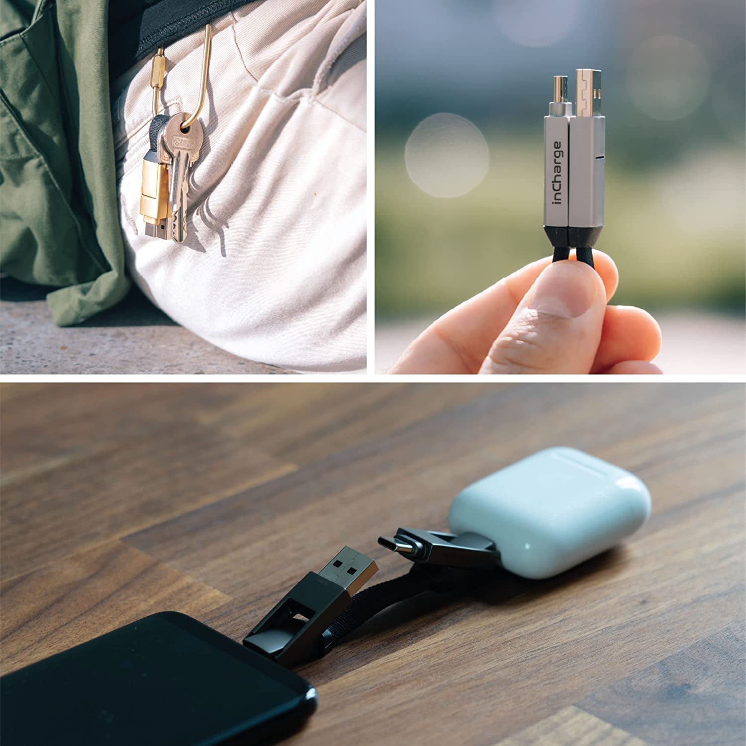 Incharge 6 - The Swiss Army Knife of Cables: Portable Keyring with Apple iPhone, USB, USB-C, and Micro USB Compatibility for All Your Devices (Saturn Gold)