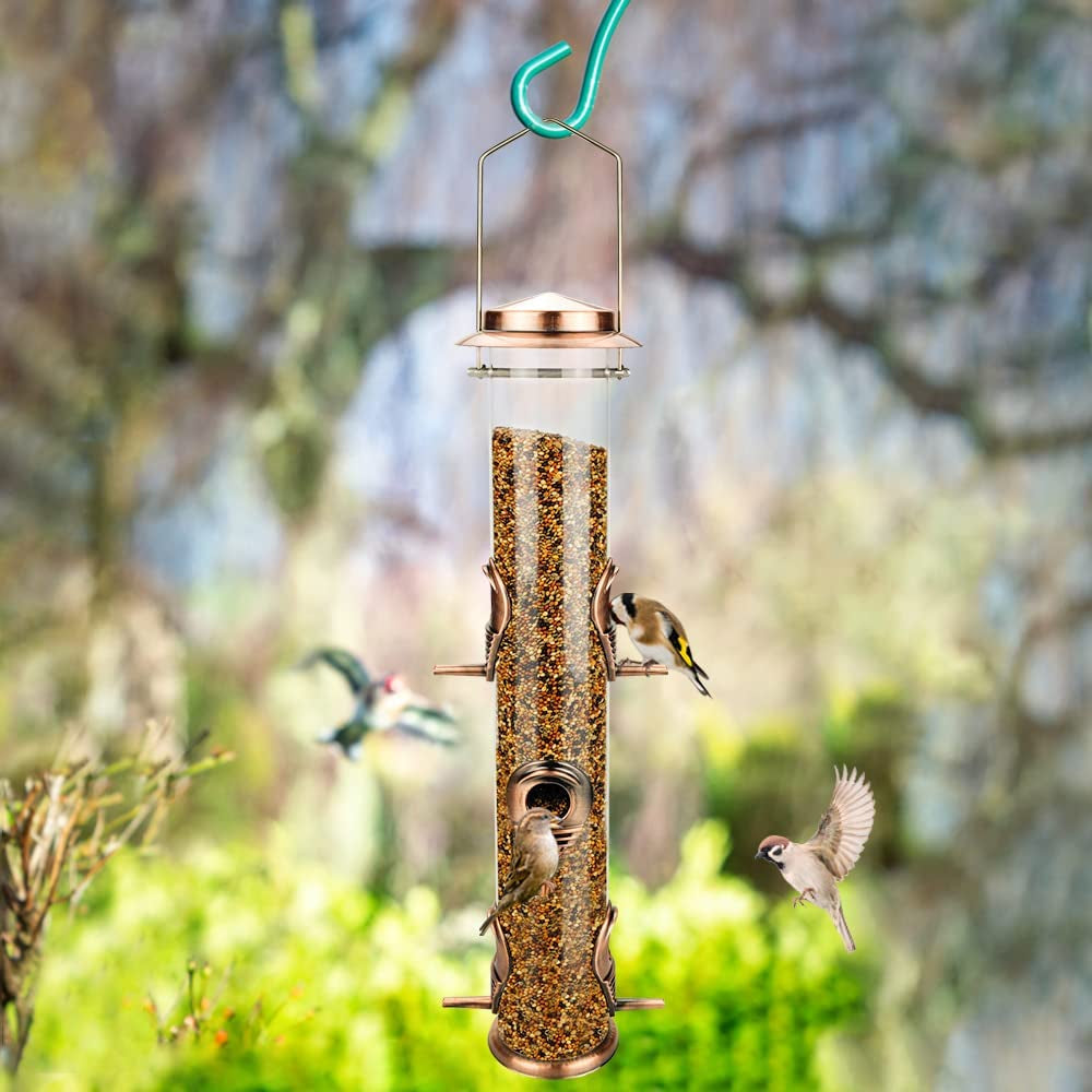 Antique Copper Hanging Bird Feeder - Metal Tube Design with 6 Ports, Attracts Wild Birds to Your Lawn, Garden, and Balcony; Perfect for Outdoor Use