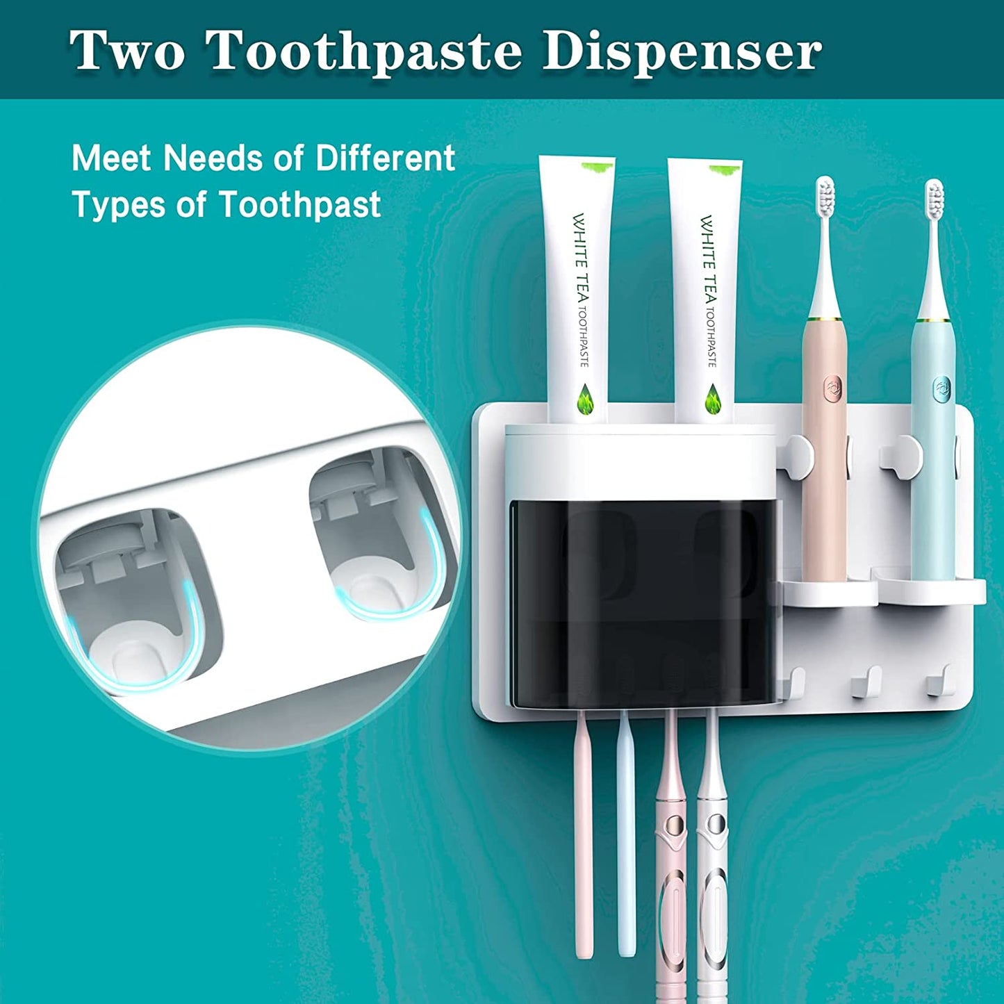 Wall-Mounted Toothbrush Holders with Double Automatic Toothpaste Dispenser, Dust-Proof Cover, 2 Toothpaste Squeezers, 2 Electric Toothbrush Holders, and 4 Toothbrush Organizer Slots.