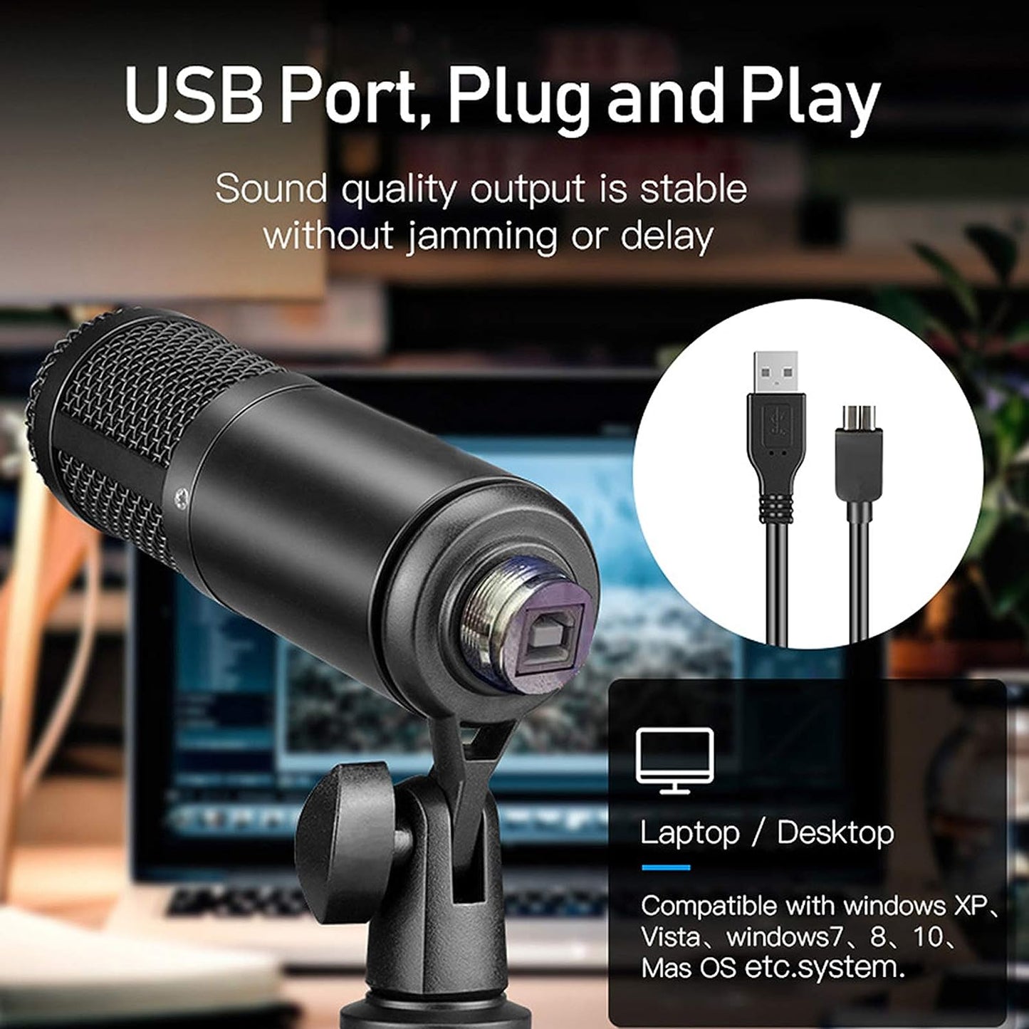 USB Microphone for Computer - Condenser PC Mic for MAC, Windows, Laptop, PS4 Gaming, YouTube Streaming, Vocal Recording; Features Noise Reduction, Mute Button, and Plug & Play Functionality.