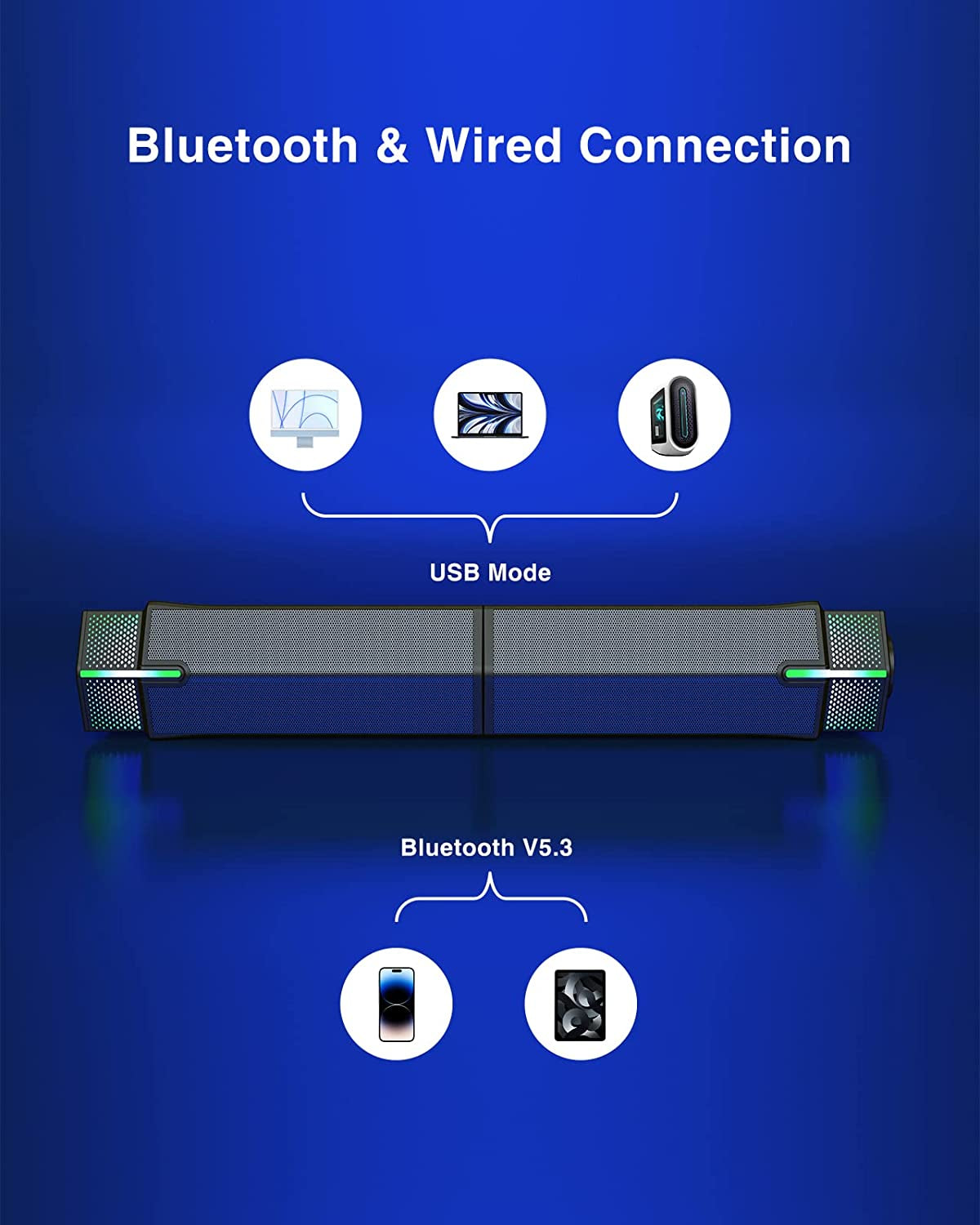 Bluetooth Computer Speakers for PC Desktop Monitor, Wired USB-Powered PC Sound Bar, Delivering Superb Stereo Sound with Customizable Gradient RGB Lighting - Combine or Separate for Maximum Versatility