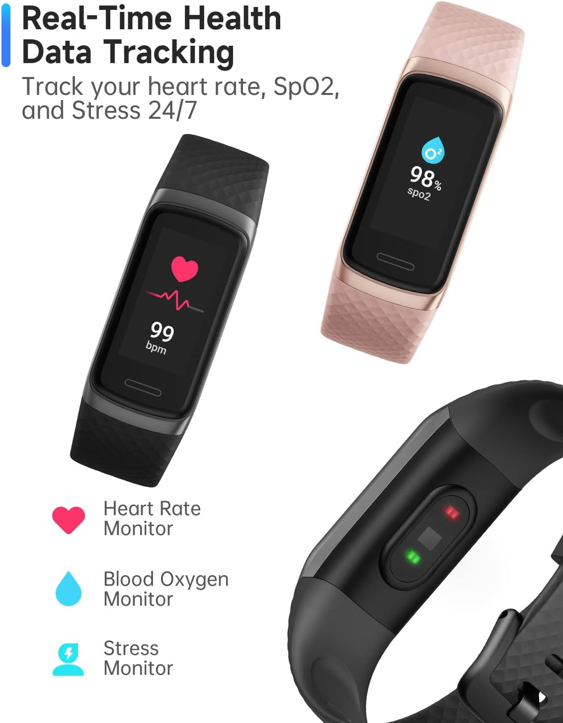 IP68 Waterproof Fitness Tracker Watch: Heart Rate, Blood Oxygen, Sleep Monitor, 14 Sport Modes. Step Counter, Android & iOS Compatible Wrist Band for Men, Women, Ladies.