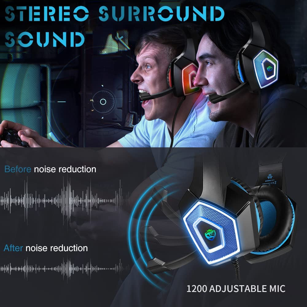 Stereo Over Ear Gaming Headphones for Xbox One, PS4, PS5, PC, Switch, Tablet, and Smartphone. Features Bass, 3.5mm Microphone, Noise Canceling, 7 LED Light, and Soft Memory Earmuffs. Includes Free Adapte