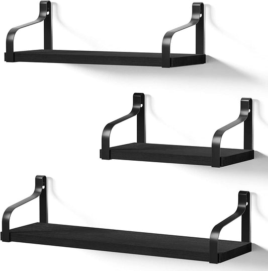 Set of 3 Floating Shelves - Wall Mounted - Rustic Wood Design - Suitable for Bedroom, Living Room, Bathroom, and Kitchen - Color: Black - Adds Stylish Wall Storage.