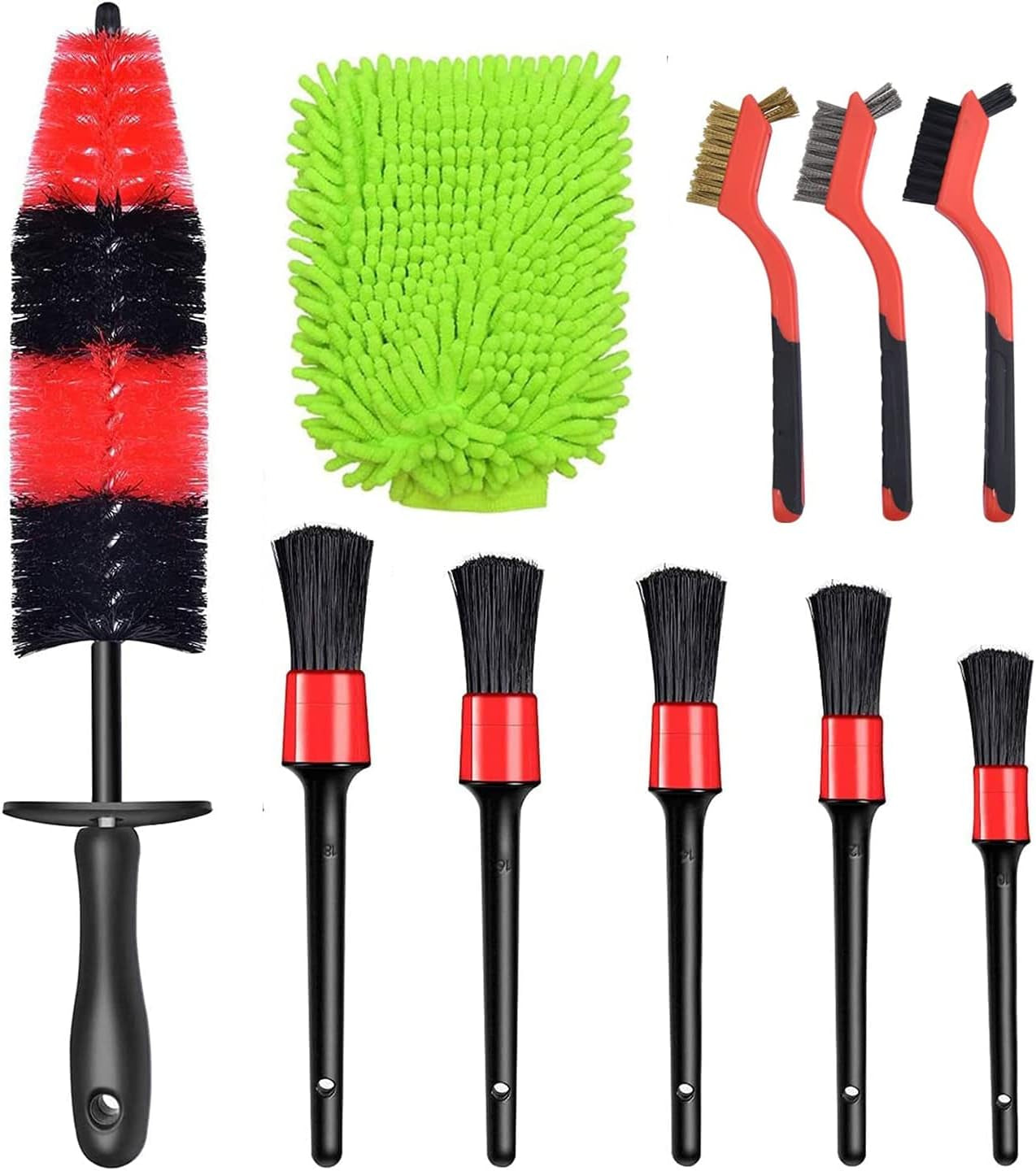 Professional Car Detailing Wheel Brush Kit - 5-Piece Long Soft Wheel Brush Set, 3-Piece Wire Brushes, and Microfiber Wash Mitt for Tire, Rim, Motorcycle, and Engine Cleaning