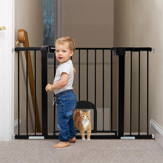 Extra Wide Baby Gate with Adjustable Cat Door - Fits 29-48 Inches, Pressure or Hardware Mounted, Auto Close Pet Gate for Stairs and Doorways, Easy Walk Through Design, Black Color