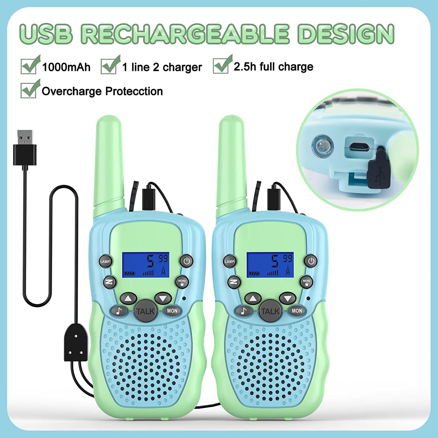 2-Pack of Rechargeable Walkie Talkies for Kids - These Kid Walkie Talkies offer a 3 KM Range, 22 Channels, and come with a Flashlight. They make excellent Birthday Gifts for Boys and Girls aged 3-8 years old.