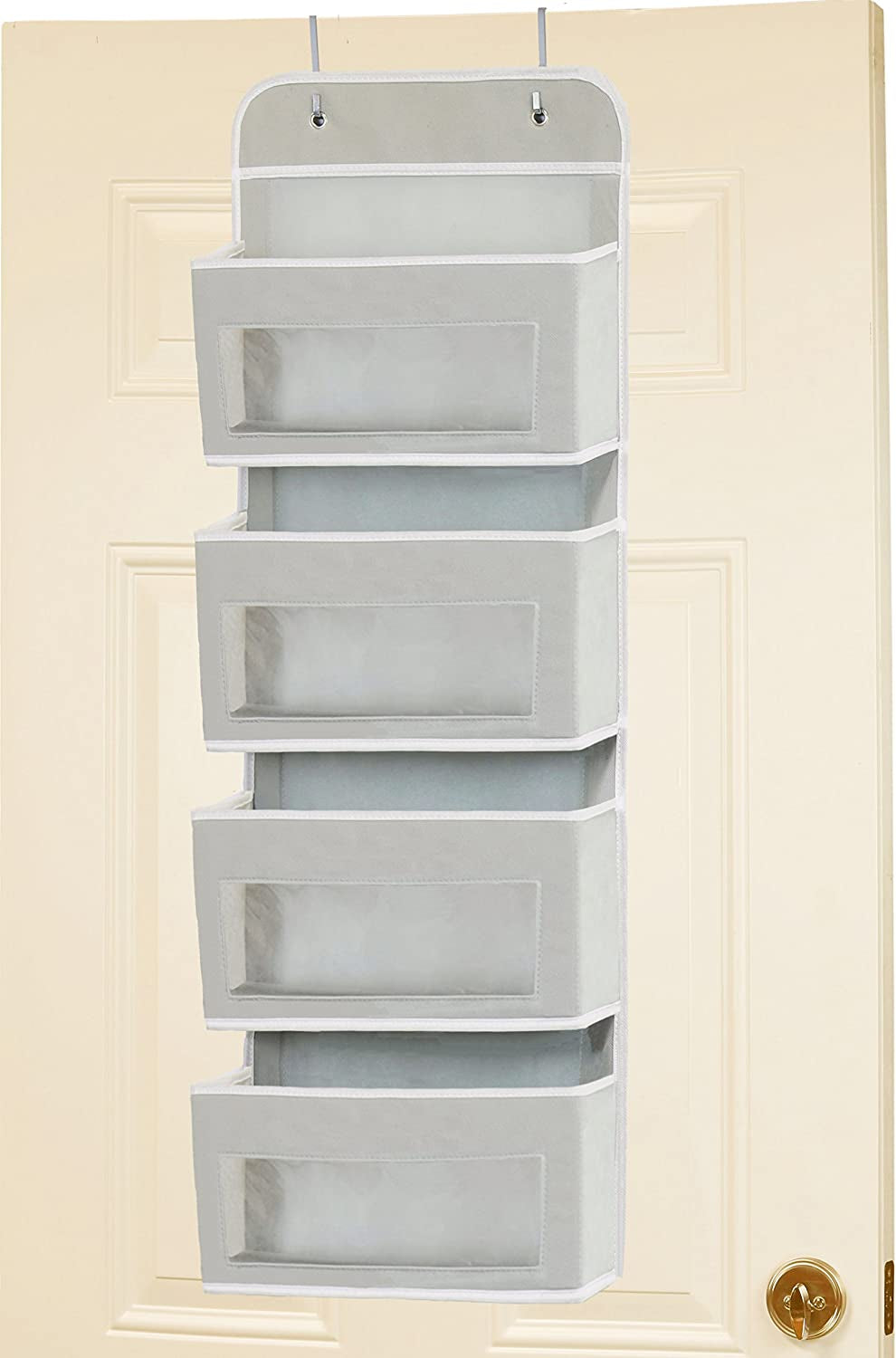 Simple Baby Organizer 4 Clear Window Pockets - Over The Door Hanging Nursery Organizer Storage, Grey