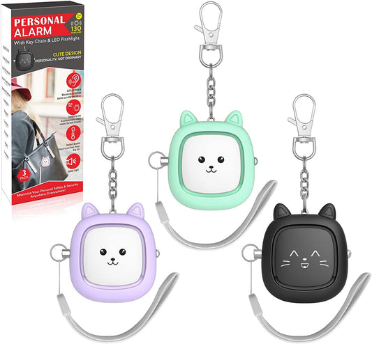 Personal Safety Alarm, 3-Pack 130 dB Emergency Self-Defense Security Alarm Keychain with LED Light - Ideal for Women, Men, Children, and the Elderly (Black/Purple/Green)