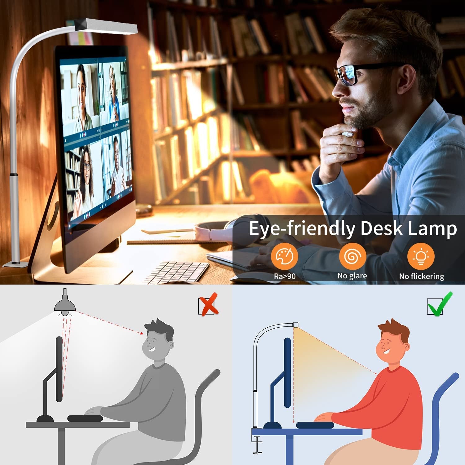 White Modern LED Desk Lamp: Eye-Caring Desk Light with Clamp, Ideal for Home Office and Studio Monitor. The Architect Desk Lamp features 360° Rotation Gooseneck, AC Adapter, 5 Color Modes, and Stepless Dimming 