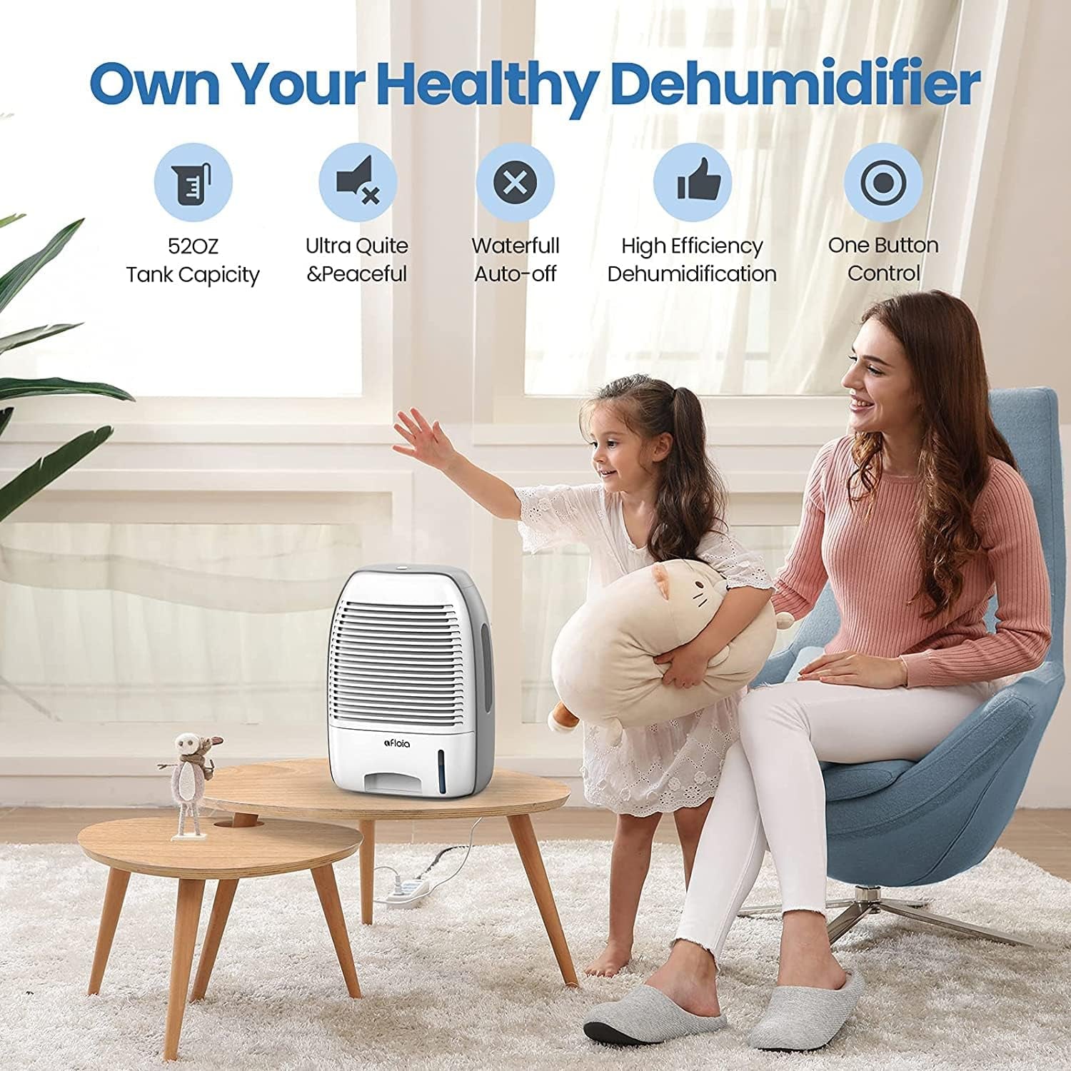 52oz(1500ml) Capacity Ultra Quiet Dehumidifier for 2200 Cubic Feet (250 sq ft) - Portable Dehumidifiers for Bathroom, Bedroom, Dorm Room, Baby Room, RV