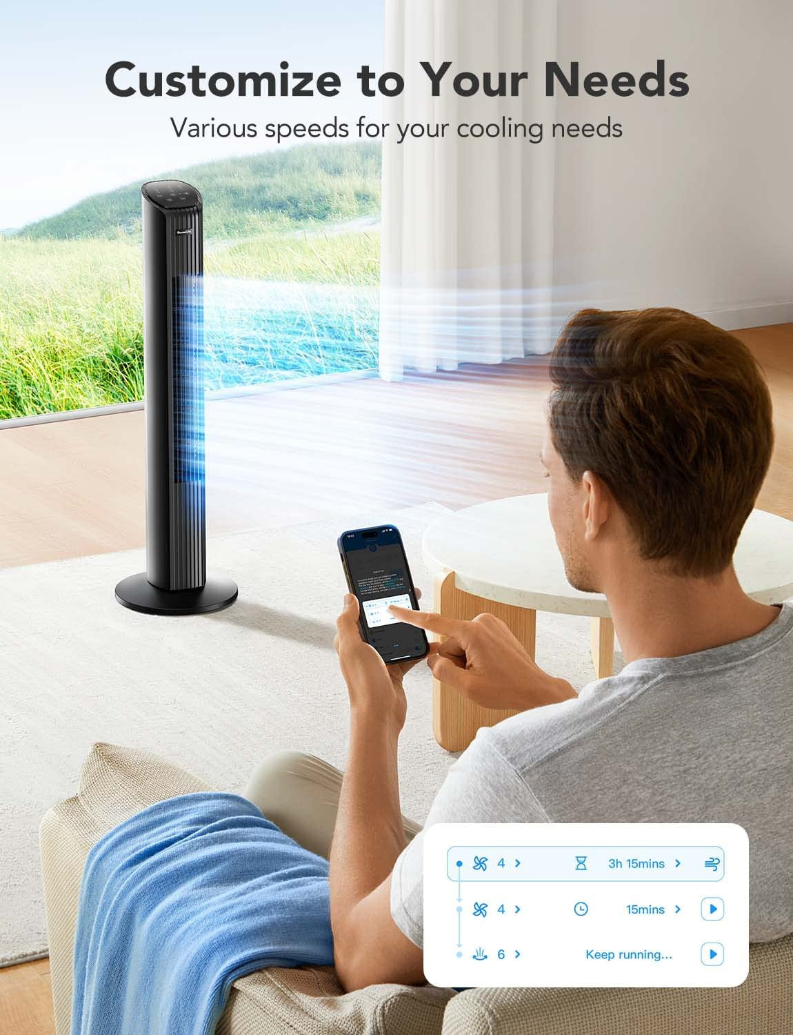 Smart Tower Fan  36'' Bedroom Fan with Temperature Auto-Reflect, Oscillating Function, 8 Speeds, 4 Modes, 24H Timer via APP, Alexa Compatibility, Ideal for Home Office