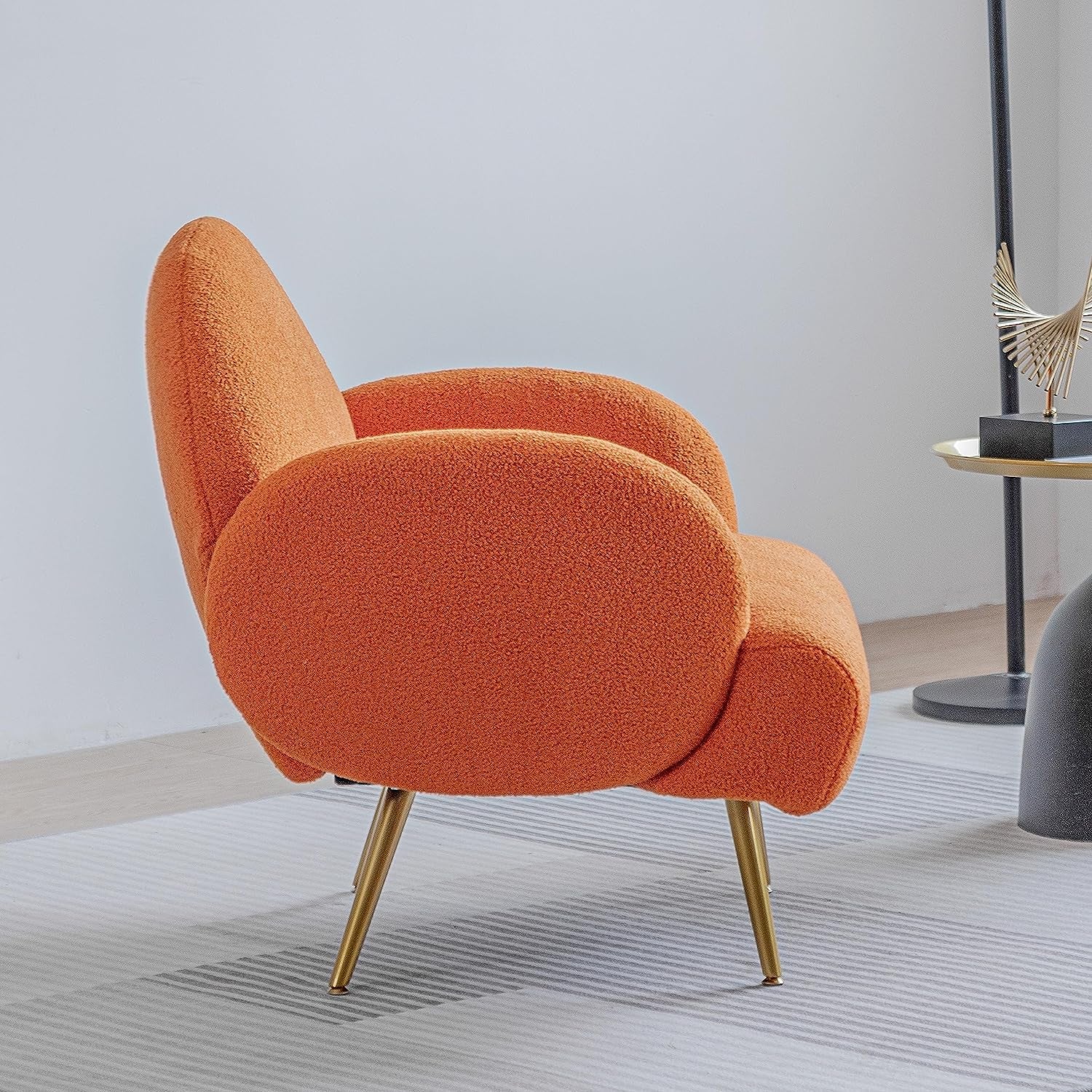 Orange Accent Sherpa Chair - Comfy Modern Armchair with Golden Metal Legs Mid-Century Sofa Chair