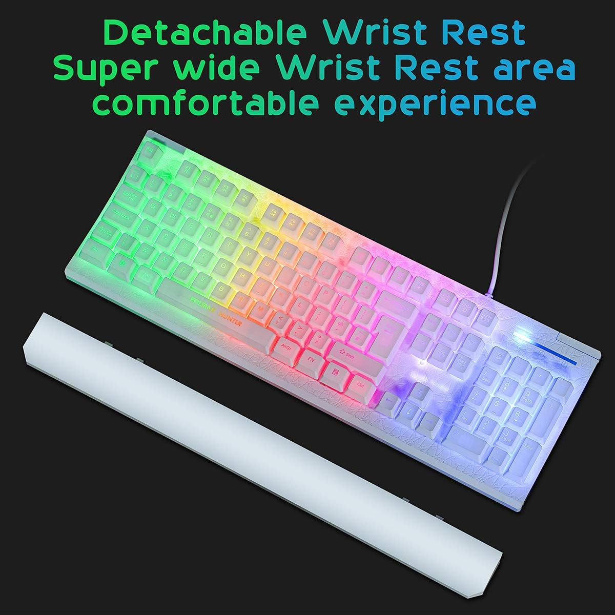 Gaming Keyboard and Mouse Combo in White - Features Colorful Lights with Rainbow LED Backlit Keyboard, Ergonomic Detachable Wrist Rest, and a Programmable 3200 DPI 7-Button Gaming Mouse, Suitable for Windows PC, Mac, Office, and Gaming Use.