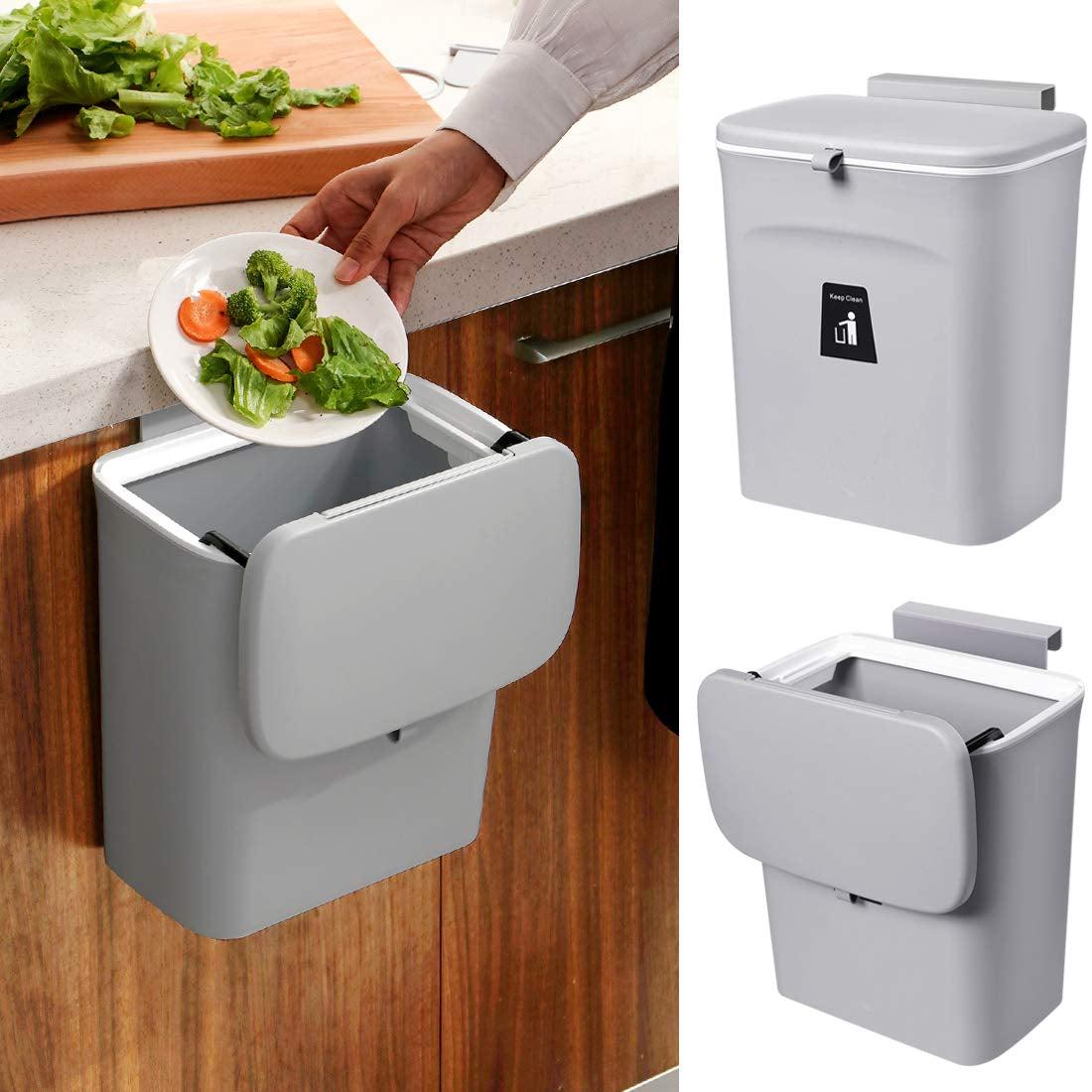 2.4 Gallon Hanging Kitchen Compost Bin: Designed for Countertop, Under Sink, or Wall-Mounted Installation. Features a Lid and is Suitable for Cupboards, Bedrooms, Offices, Camping, and Indoor Composting - Gray 