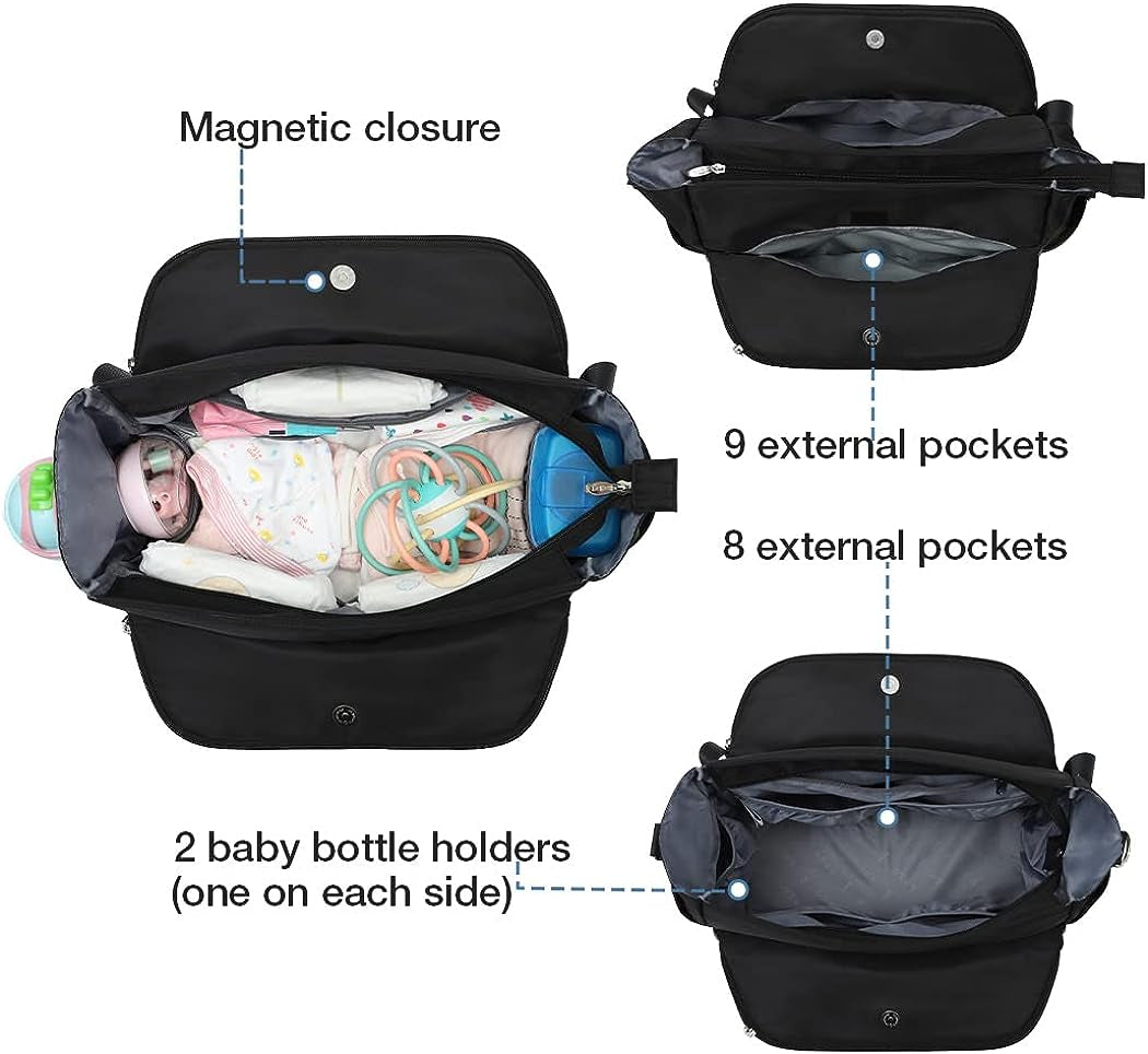 Spacious Diaper Bag Tote for Moms - Large Capacity Women's Diaper Bag with Changing Pad and Stroller Straps, Stylish Black Design