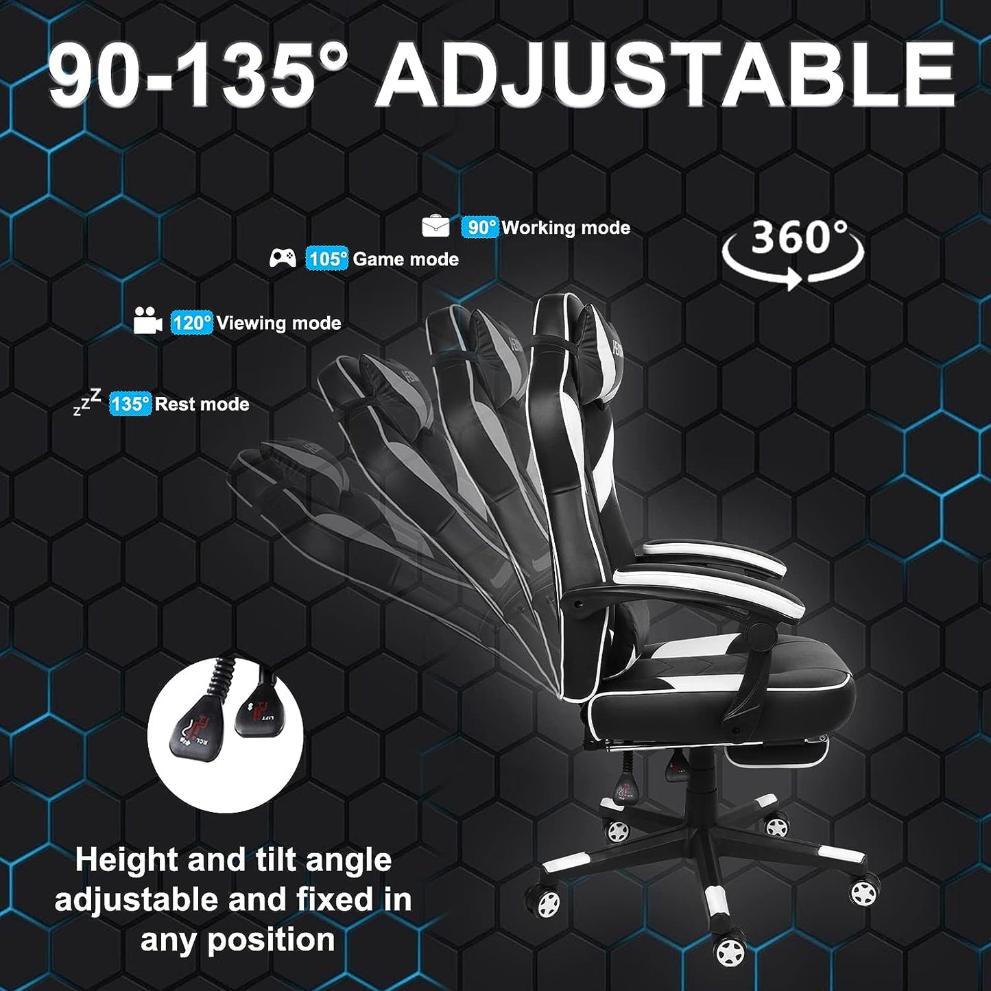 Gaming Chair with Footrest - Office Chair with Lumbar Support and Headrest - Height Adjustable - 360° Swivel Seat - Black and White Design.