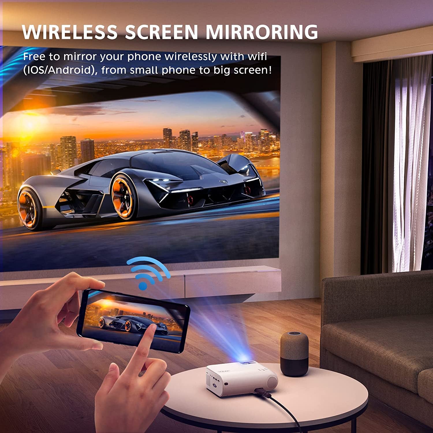 Portable Mini WiFi Projector - Includes Projector Screen, Supports 8500L Brightness and 1080P Full HD. Features Zoom and 250" Display for Outdoor Projection. Perfect Home Movie Projector compatible with Phone, TV Stick, HDMI, PS, USB, VGA, SD, and more.