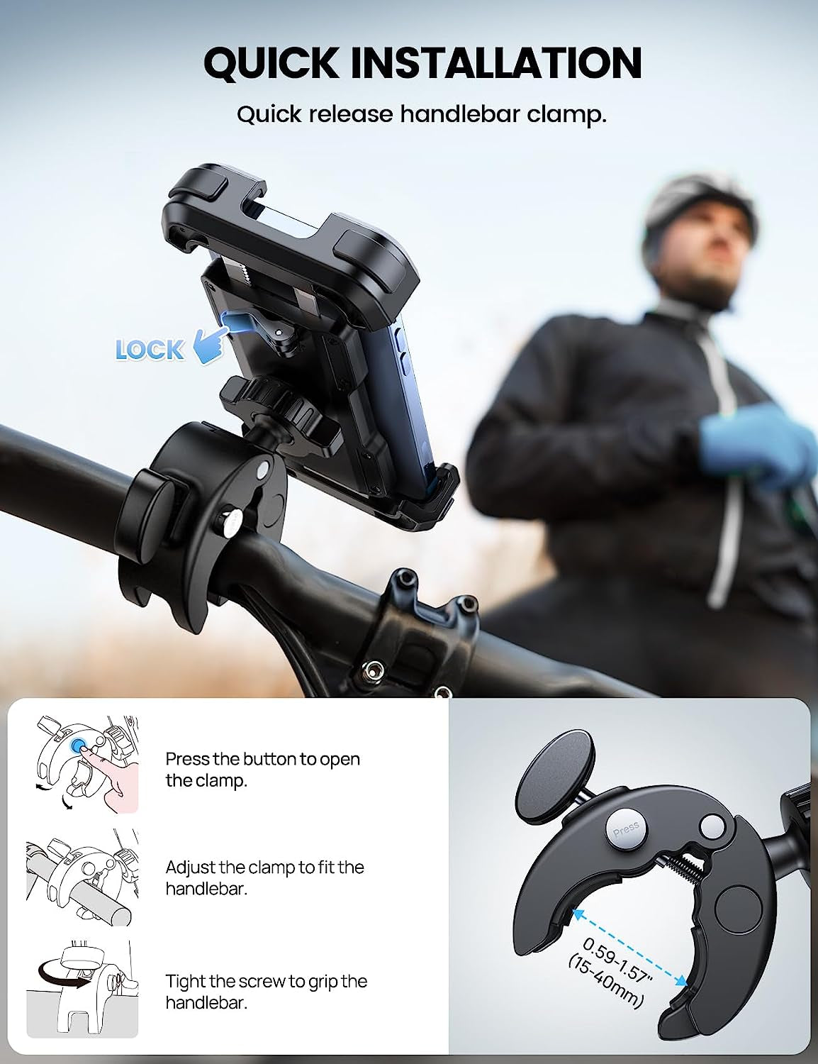 Motorcycle Phone Mount Holder - Adjustable Cell Phone Bike Holder for iPhone 14 15 Pro Max, iPhone 13 12, Galaxy S23, and 4.7"- 6.8" Cellphones - Secure Bicycle Scooter Handlebar Phone Cradle Clip